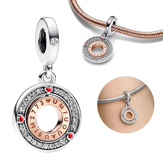 925 Sterling Silver CZ Two Tone Turning Love Message Dangle Charm