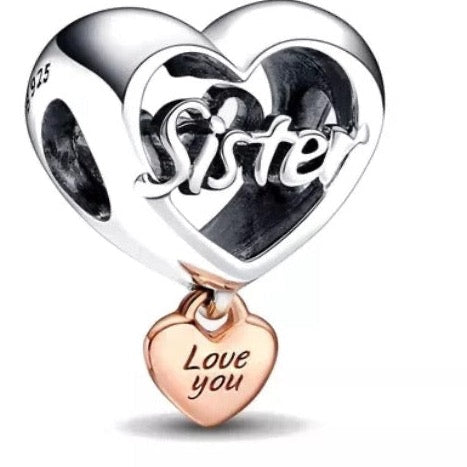 Two Tone Sister Heart Bead Charm