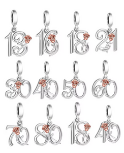 Birthday 21 -60 Years old Rose Dangle Charm