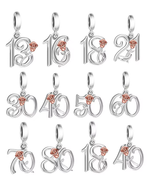 Birthday 21 -60 Years old Rose Dangle Charm