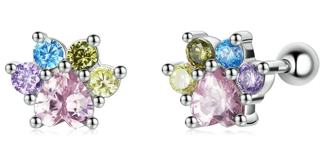 925 Sterling Silver Colorful CZ Paw Rainbow Stud Earrings