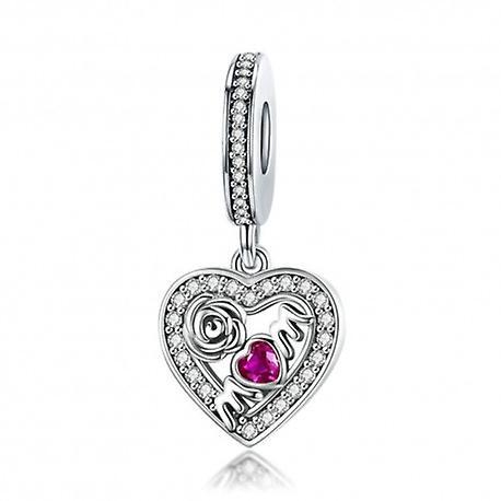 925 Sterling Silver Pink CZ Mom with Rose Heart Dangle Charm