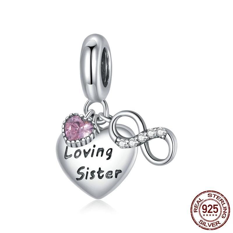 925 Sterling Silver Loving Sister Infinity Heart Dangle Charm