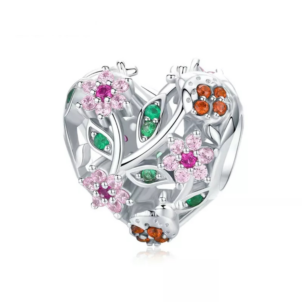 925 Sterling Silver CZ Garden Heart  Charm