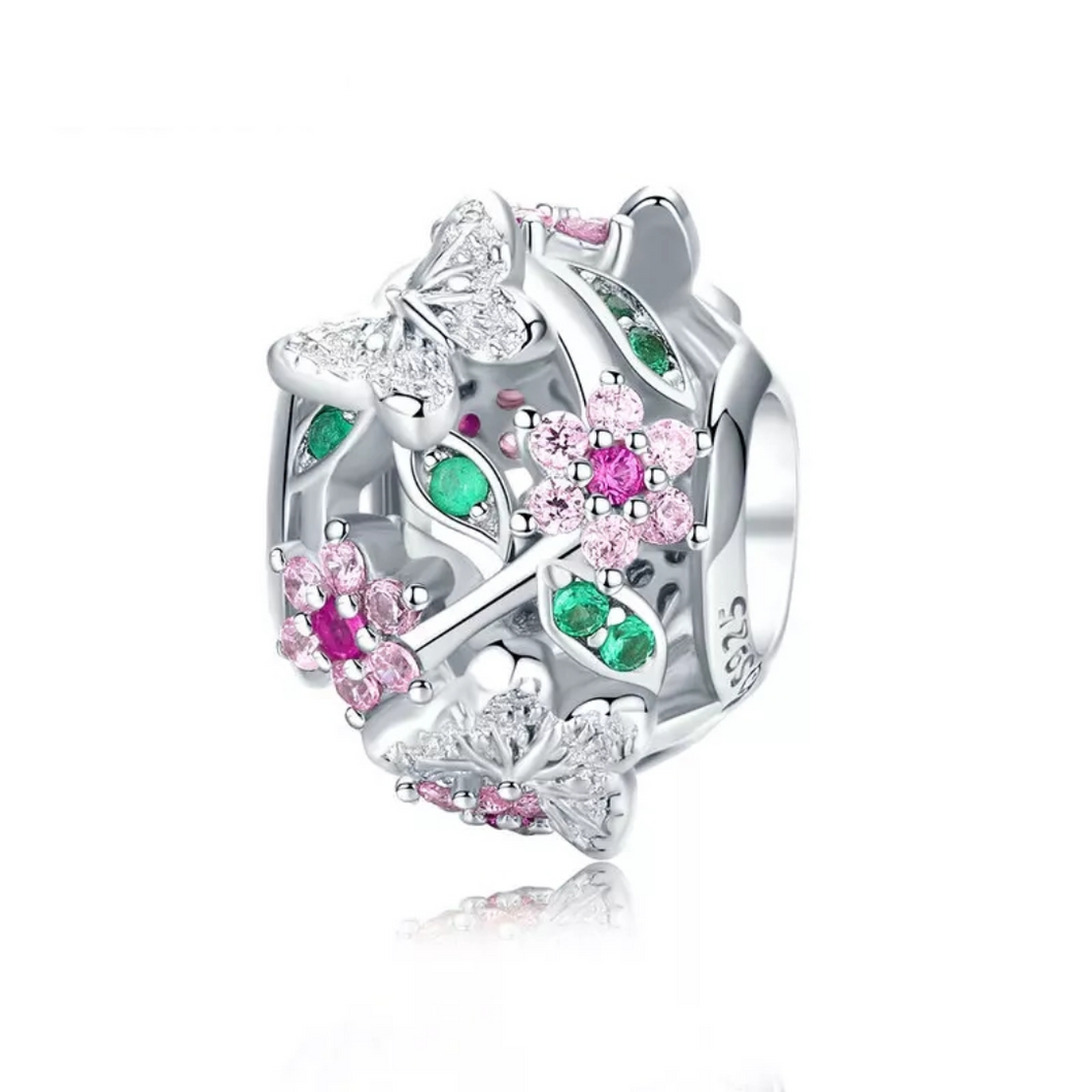 925 Sterling Silver Butterfly & Flower Charm