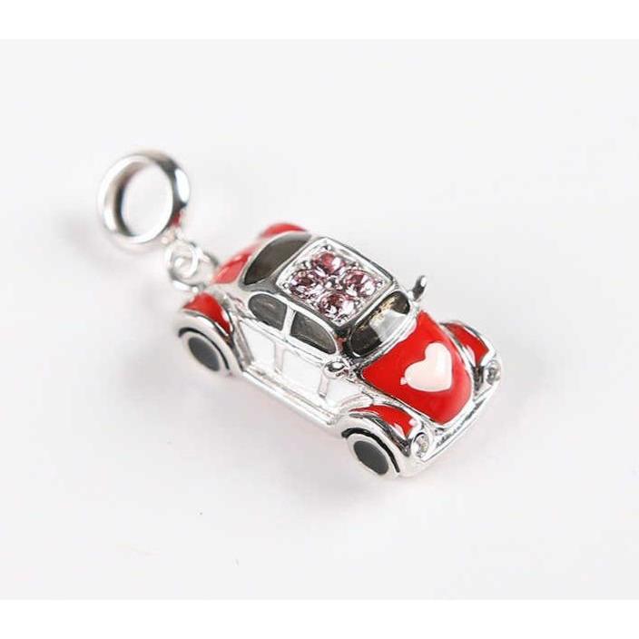 925 Sterling Silver Cute Beetle Car CZ Dangle Charm