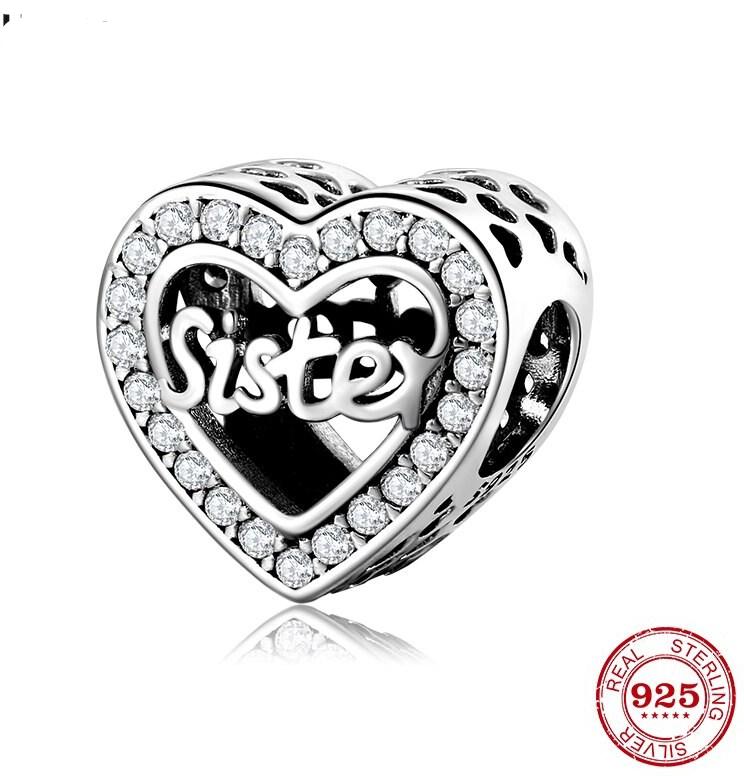 925 Sterling Silver Sister CZ Heart Charm