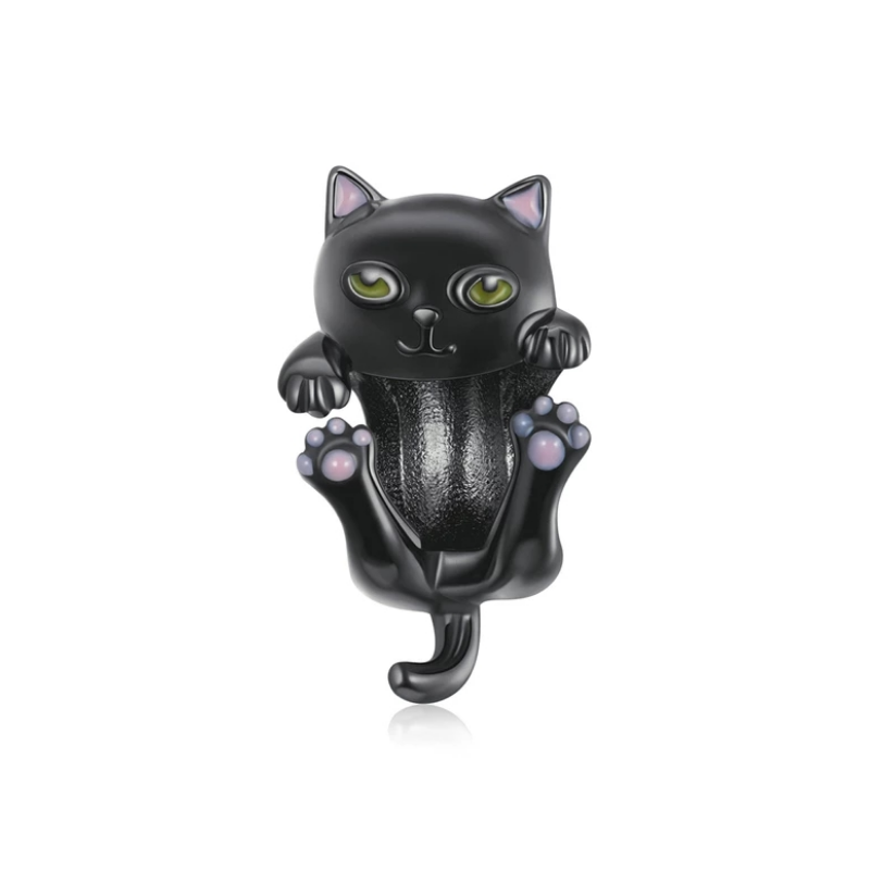 925 Sterling Silve Black Hanging Cat Bead Charm
