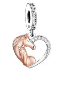 925 Sterling Silver Two Horses Heart Dangle Charm