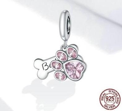 925 Sterling Silver Paw Print and Bone Dangle Charm