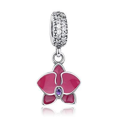 925 Sterling Silver Pink Orchid Dangle Charm