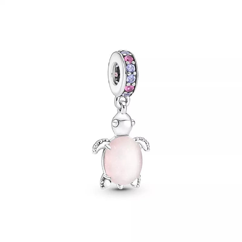 925 Sterling Silver Pink Turtle Dangle Charm