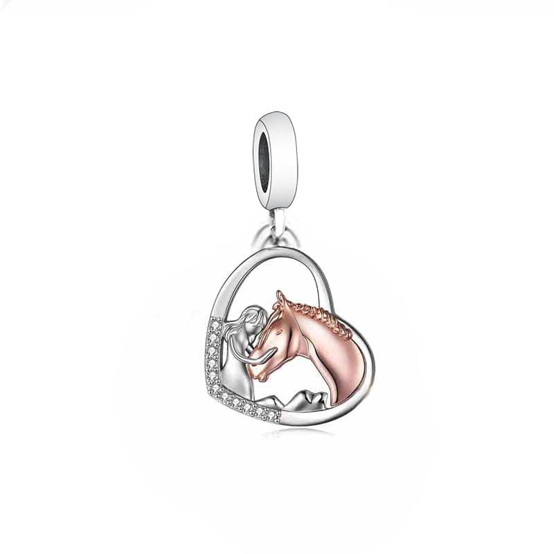 925 Sterling Silver Girl & Horse Heart Dangle Charm