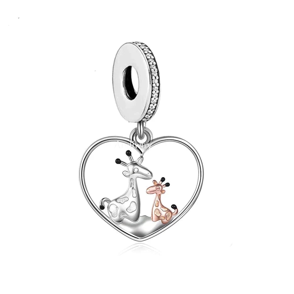 925 Sterling Silver Two Tone Mom and Baby Giraffe Dangle Charm