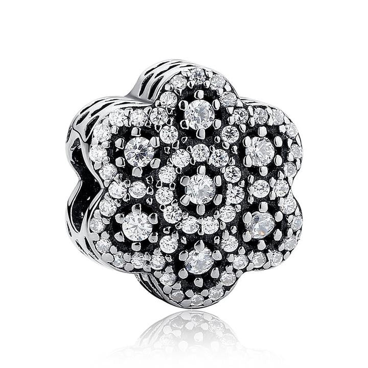 925 Sterling Silver CZ Ice Flower Bead Charm