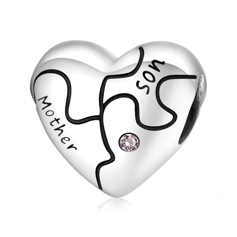 925 Sterling Silver Mother and Son Love Heart Bead Charm