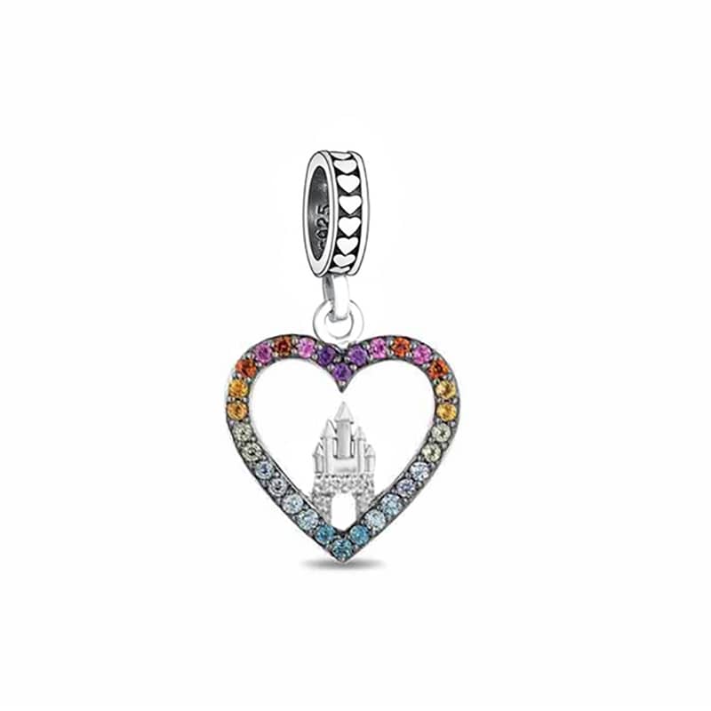 925 Sterling Silver Rainbow Castle  Heart Dangle Charm