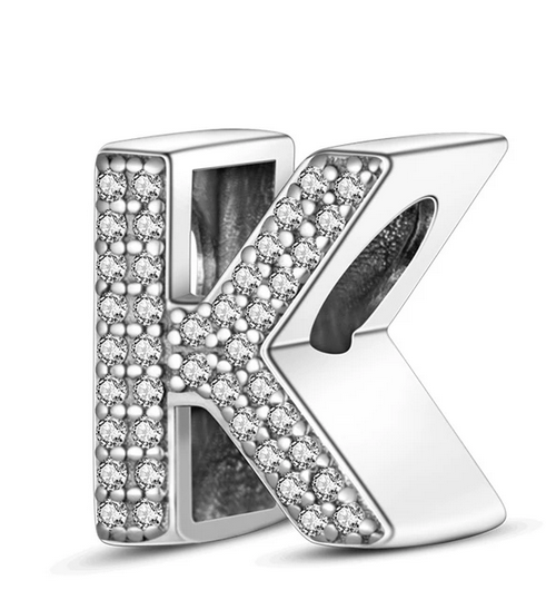 925 Sterling Silver CZ Alphabet K Charm