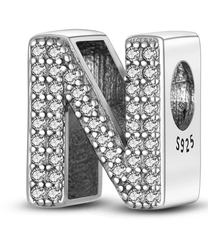 925 Sterling Silver CZ Alphabet N Charm