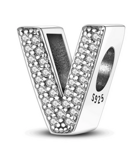 925 Sterling Silver CZ Alphabet V Charm