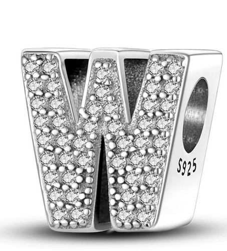 925 Sterling Silver CZ Alphabet W Charm