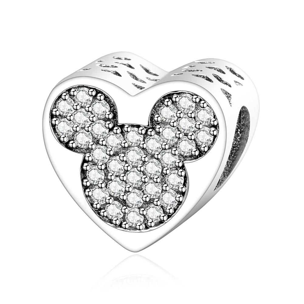 925 Sterling Silver Sparkling CZ Mickey Mouse Heart Charm