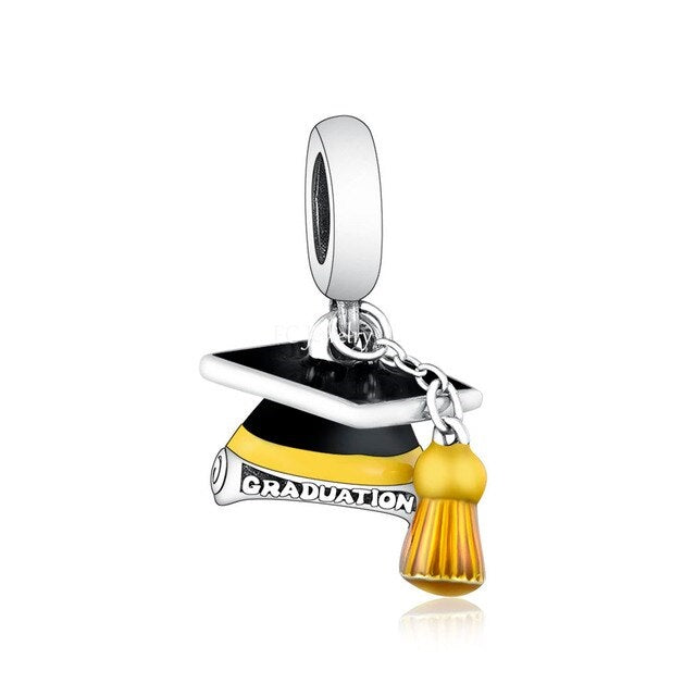 925 Sterling Silver Black and Yellow Enamel Graduation Cap Dangle Charm