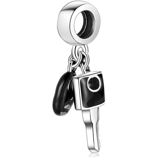 925 Sterling Silver Modern Black Enamel Car Key Dangle Charm