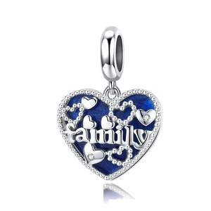 925 Sterling Silver Blue Family Heart Dangle Charm