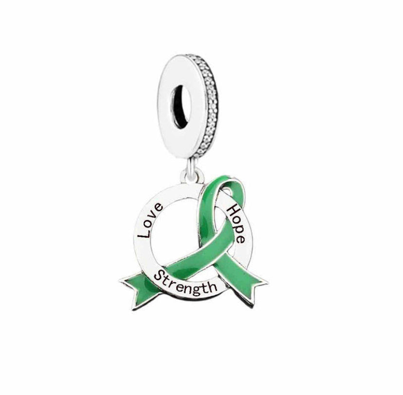 925 Sterling Silver Green Ribbon Love Strenght Hope Dangle Charm