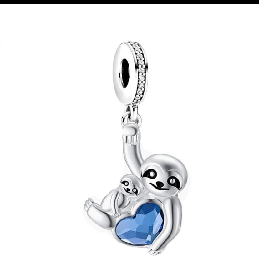 925 Sterling Silver Mom & Baby Sloth Blue Dangle Charm