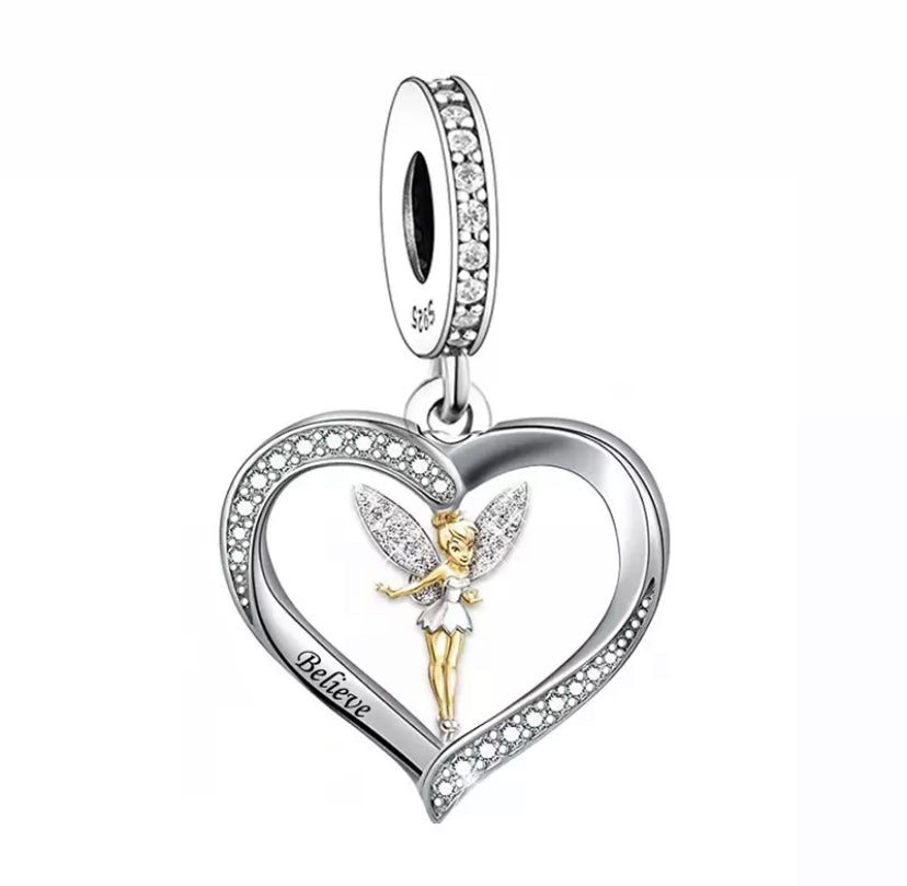 925 Sterling Silver Flower Fairy Elves Believe Dangle Charm
