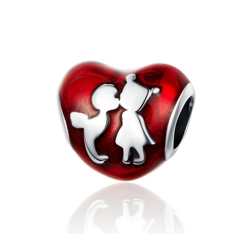 925 Sterling Silver I Love You Kiss Heart Red Enamel Bead Charm