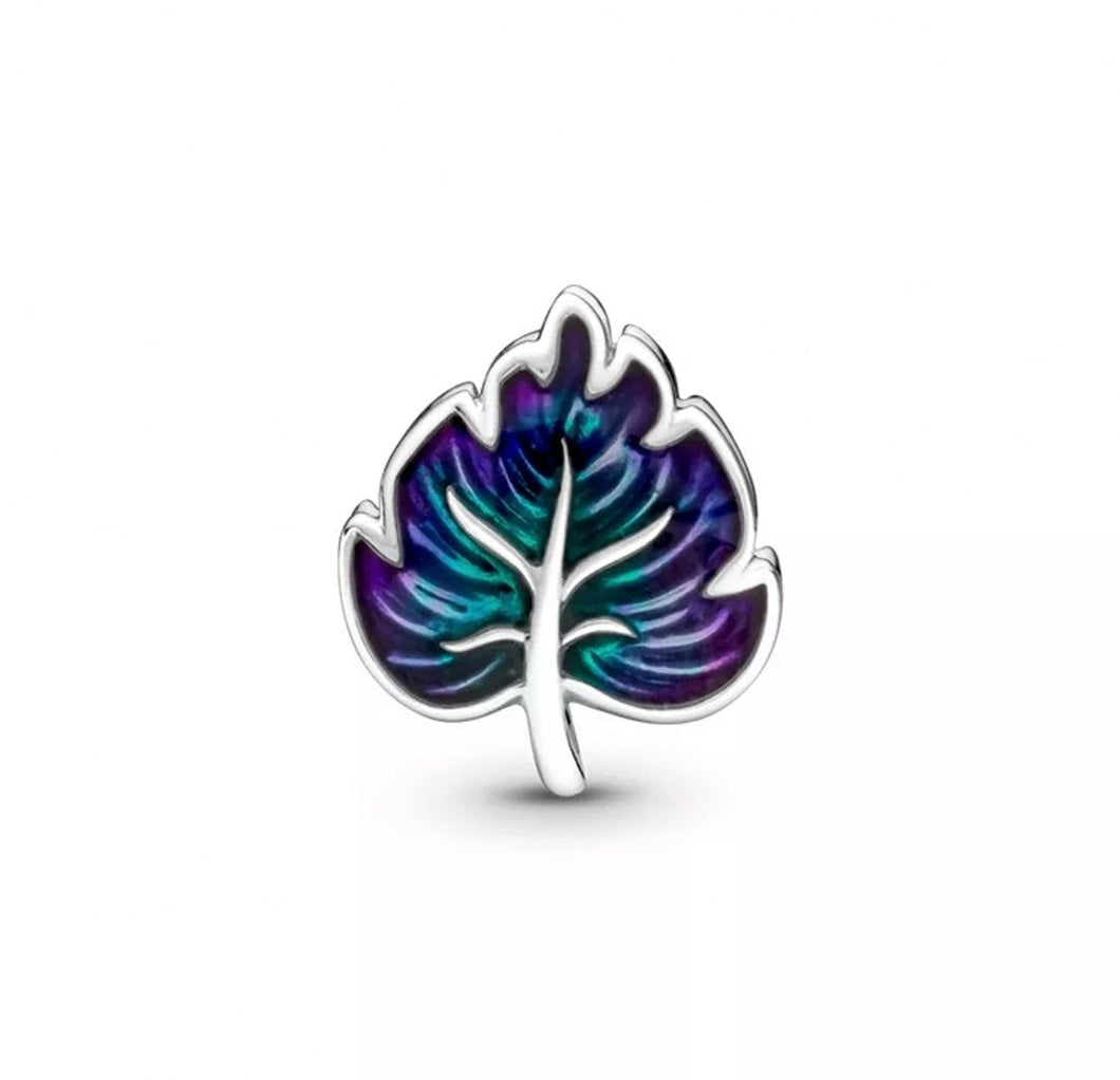 925 Sterling Silver Purple and Green Enamel Leaf Bead Charm