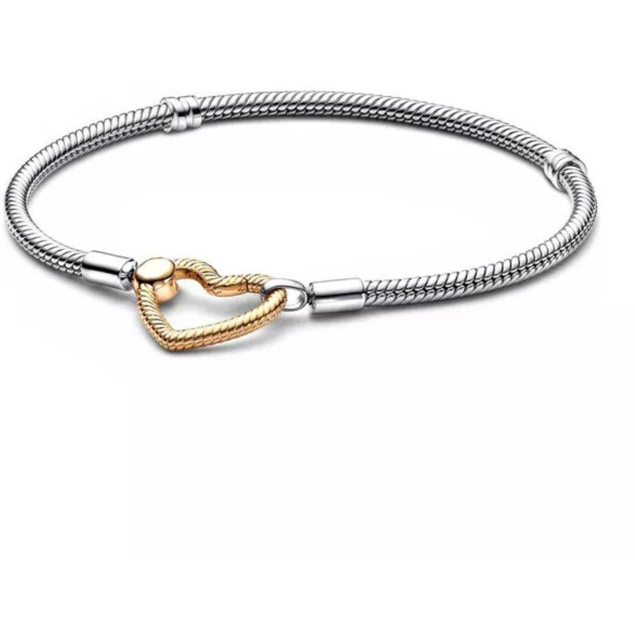925 Sterling Silver Yellow Gold Heart Clasp Snake Chain Bracelet