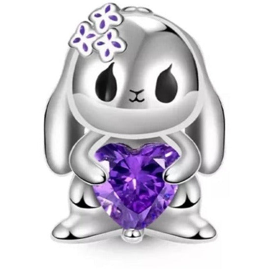 925 Sterling Silver Bunny with Purple CZ Heart Bead Charm