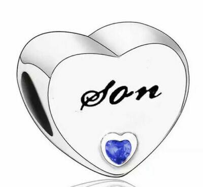 925 Sterling Silver Blue CZ Son Engraved Heart Bead Charm