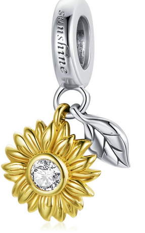 925 Sterling Silver Gold Color Shining Sunflower Charm Charm ing Jewellery