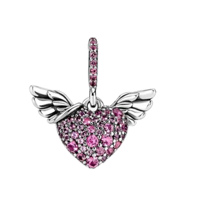 925 Sterling Silver Pink CZ Heart & Angel Wings Dangle Charm
