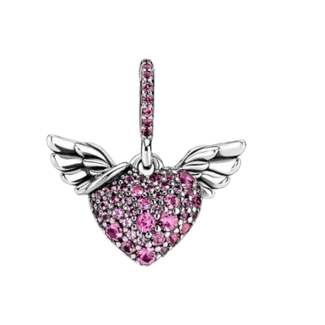925 Sterling Silver Pink CZ Heart & Angel Wings Dangle Charm