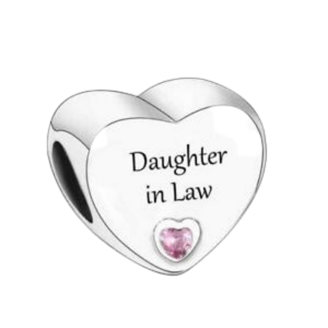925 Sterling Silver Daughter In Law Engraved Pink CZ Heart Bead Charm
