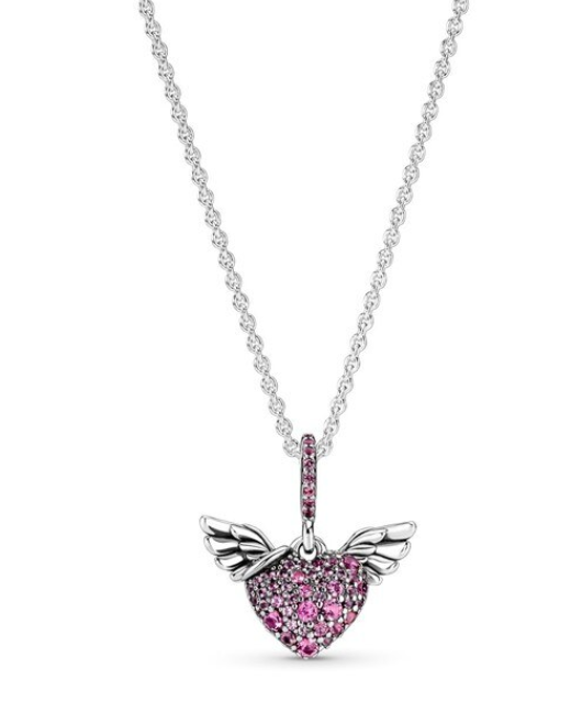 925 Sterling Silver Pave Heart & Angel Wings Necklace