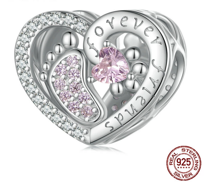 925 Sterling Silver Forever Friends Baby Foot Heart Charm