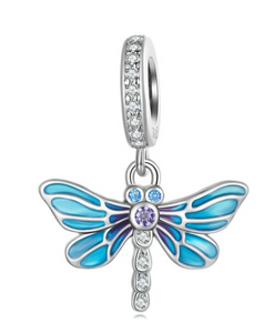 925 Sterling Silver Color Blue Dragon Fly Dangle Charm
