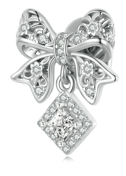 925 Sterling Silver Dainty Lace Bow Dangle Charm