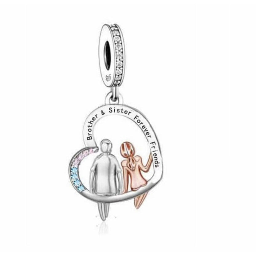 925 Sterling Silver Two Tone Brother & Sister Forever Friends Dangle Charm