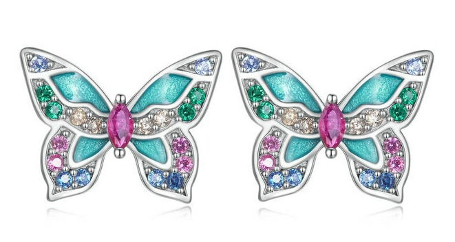 925 Sterling Silver Colorful Zircon Butterfly Stud Earrings