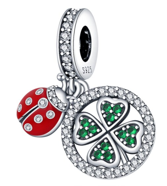 925 Sterling Silver Ladybug & Clover Dangle Charm