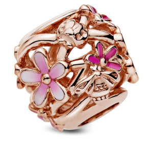 Rose Gold Plated Pink daisy openwork Bead Charm