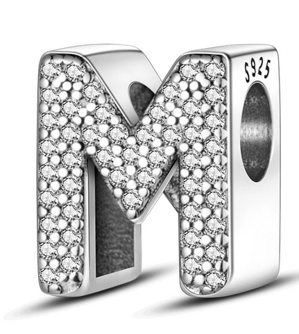 925 Sterling Silver CZ Alphabet M Charm